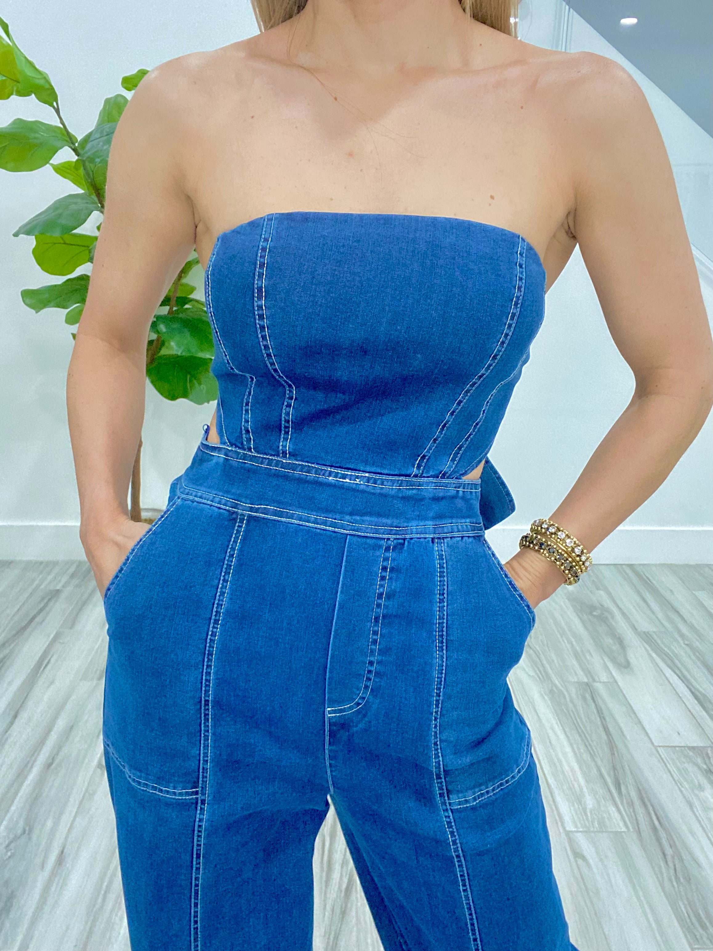 Open Back Denim Jumpsuit