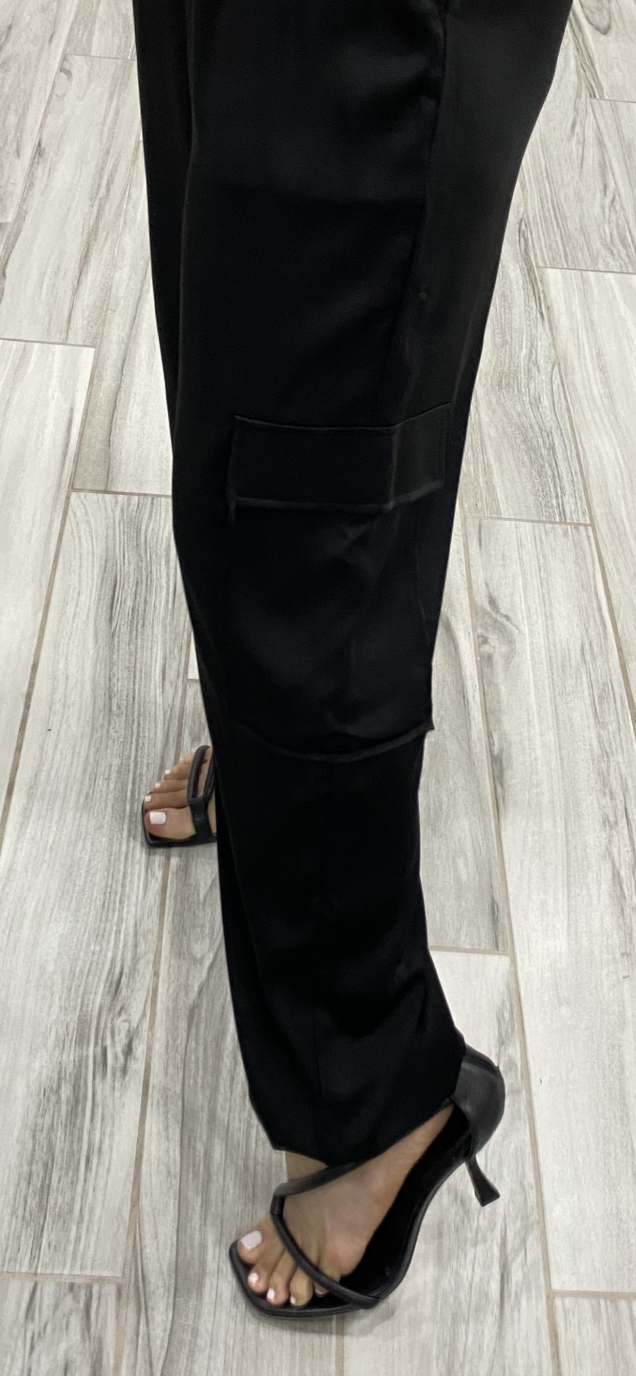 Black Satin Cargo Pants