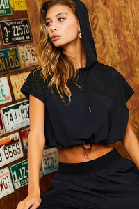 Hoodie Waist Adjustable Contrast Mesh Crop Top Only