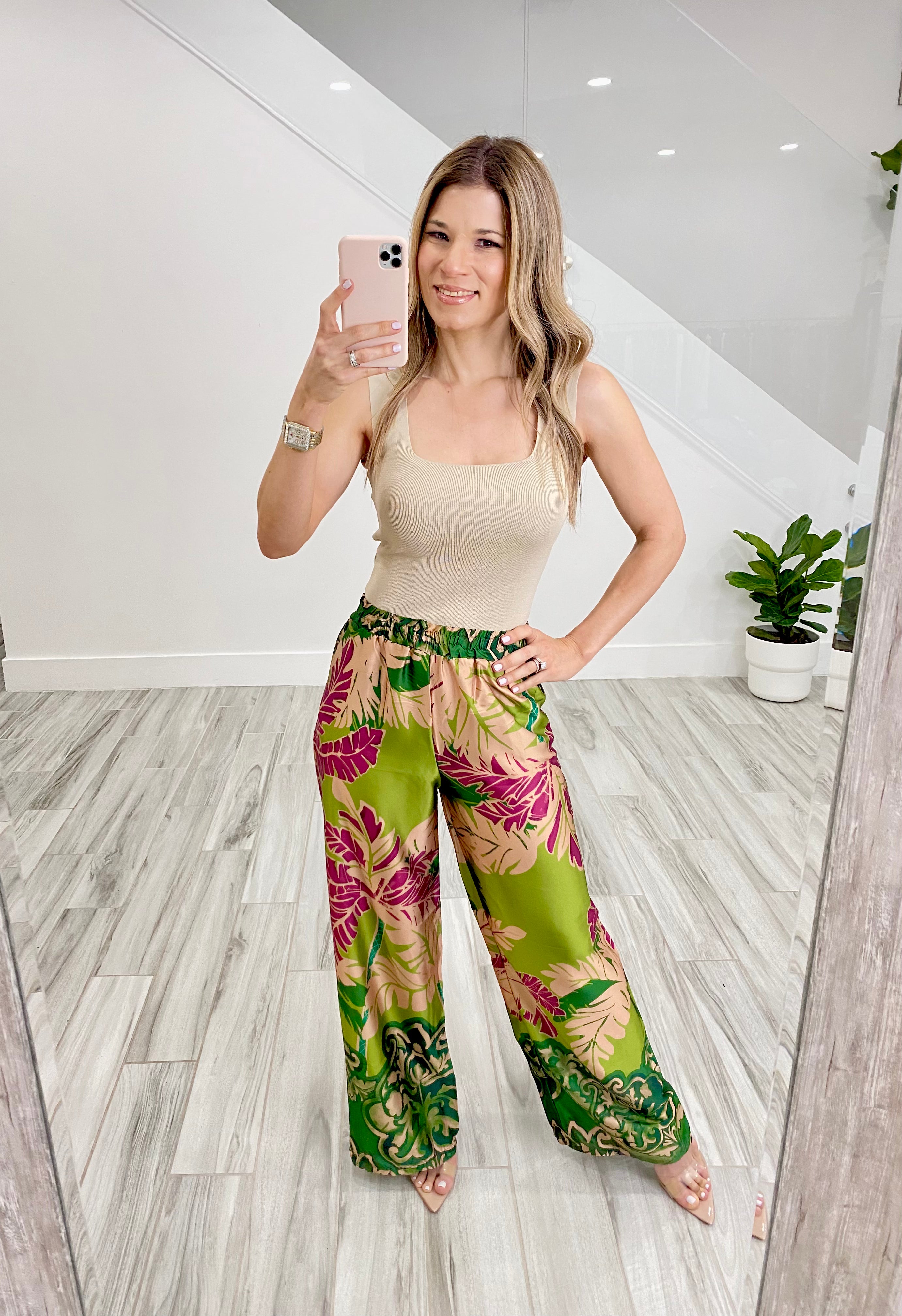 Lin Print Floral Pants (Green) (Matching  cardigan available, Lin Cardigan)